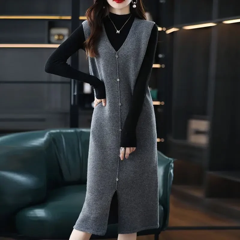 

Long, Medium to Long Sleeveless Knitted Knee Length Vest Skirt Autumn Winter V-neck Solid Dress Stylish Sweater and Camisole