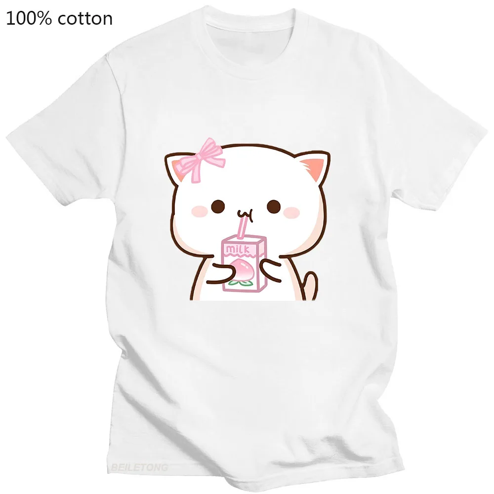 Peach Mochi Cat Emoticon Drink Peach Milk Cartoon T-shirts WOMEN Kawaii/Cute T Shirts 100% Cotton Tshirts Appliques Tees Fashion