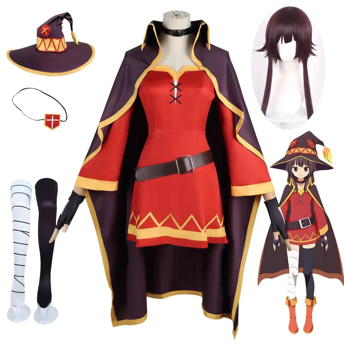 Anime KonoSuba Megumin Cosplay Kostüm Frauen Klassische Hexe Rot Kleid Uniform Mantel Hut Augenbinde