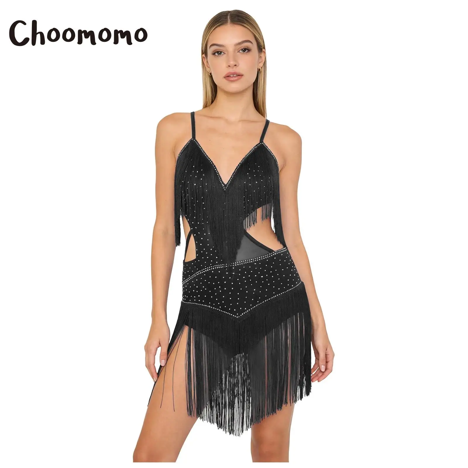 

Women Latin Dance Leotard Rhinestone Backless Tassel Sling Dress Rumba Salsa Tango Cha-cha Performance Ballroom Skating Bodysuit
