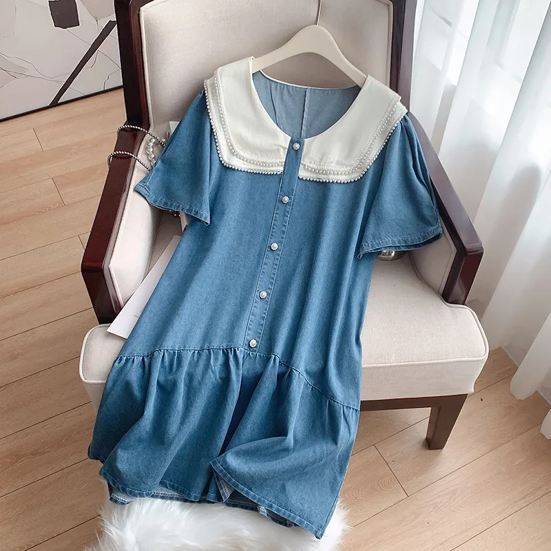 Plus Size 160Kg Women's Bust 160 Summer Loose Short-Sleeved Peter pan Collar Denim Pleated Dress Blue 6XL 7XL 8XL 9XL 10XL