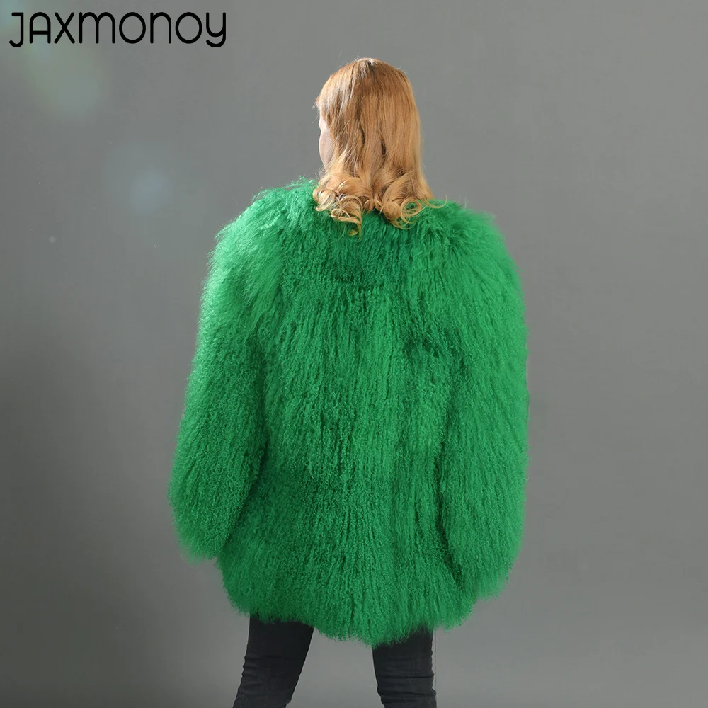 Jaxmonoy, abrigo de piel de oveja mongol auténtica para mujer, abrigos cálidos de piel esponjosa para otoño e invierno, novedad de 2024, prendas de vestir exteriores, chaqueta de piel para mujer