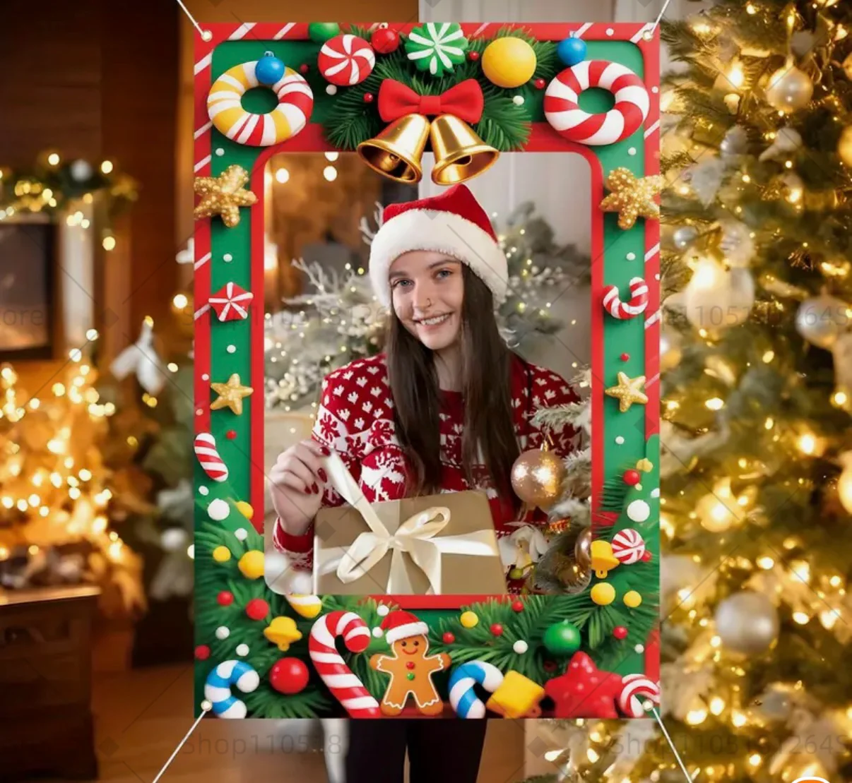 Weihnachten Foto Requisite Hintergrund Winter Lebkuchenmann Cane Candy Bell Hollow Effect Photobooth Requisiten