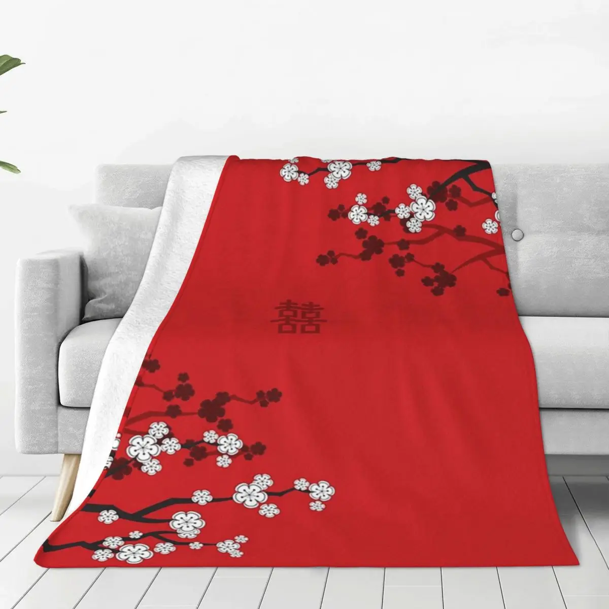 White Cherry Blossoms On Red And Wedding Double Blanket Fleece Lightweight Throw Blankets For Couch Outdoor Throws Bedspread