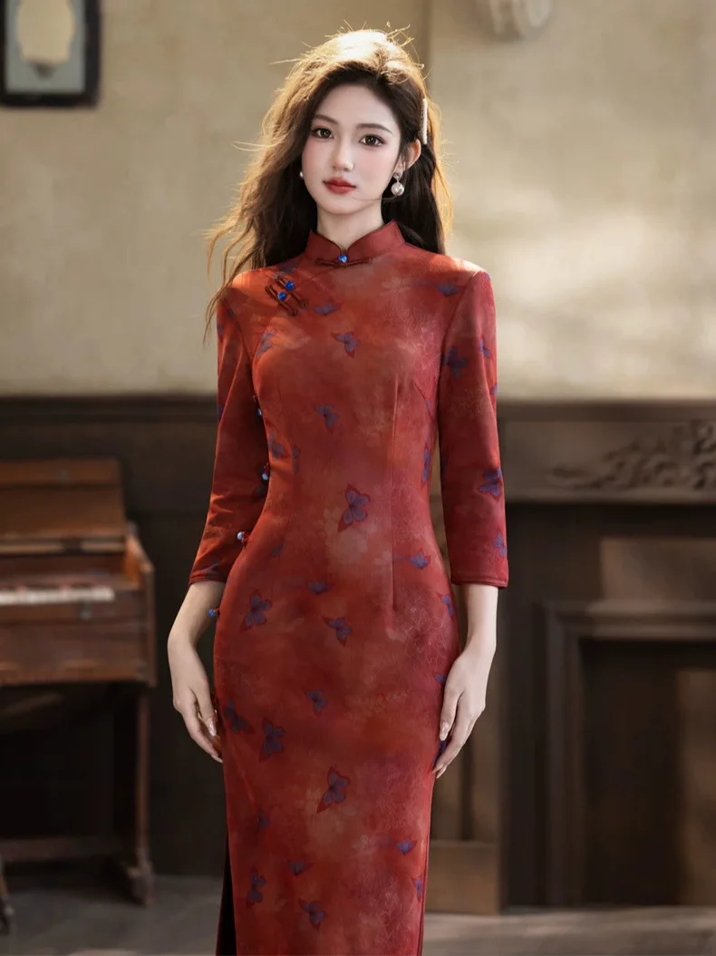 Autumn Women Red Qipao Three Quarter Sleeve Cheongsam Print Long Soft Vestidos Mandarin Collar Chinese Dress Daily Clothes