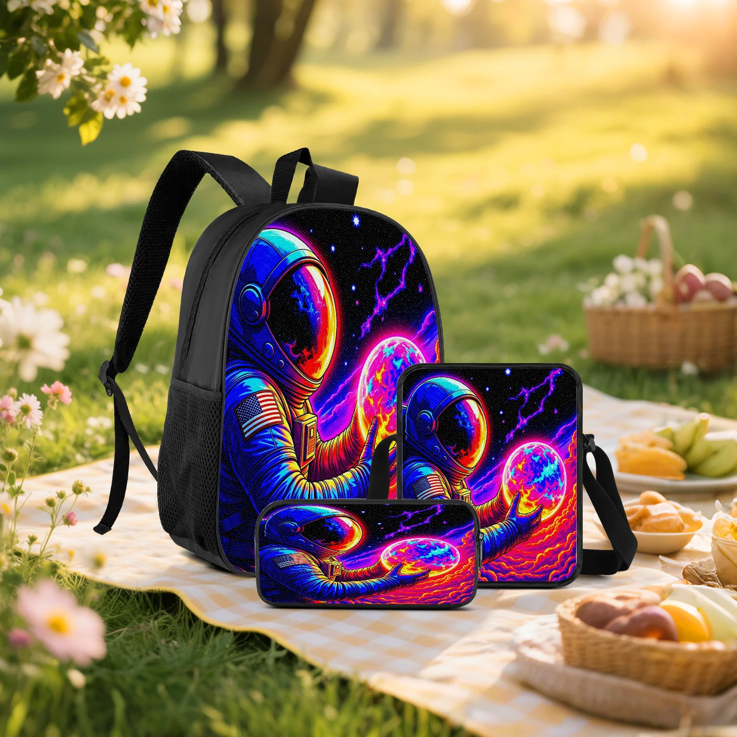 3-Piece Neon Space Astronaut Print Backpack Set, Includes Backpack, Crossbody Bag and Pencil Case, Lightweight Unisex