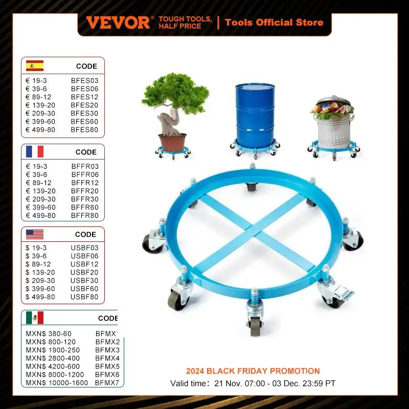 VEVOR 55 Gal Swivel Drum Dolly Heavy Duty Bucket Cart with 4/5/8 Rotating Casters Wheels Anti-Tipping for Workshops Warehous