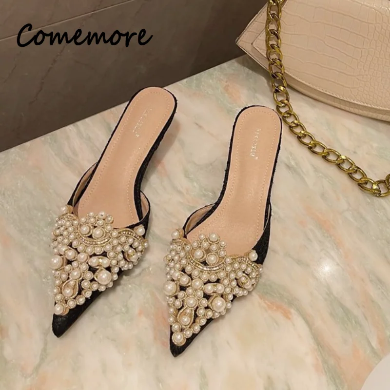 Comemore Spring Summer Mules Fashion Sexy Women Slides Shoes Elegant Pearls Slip-On Thin Heels Slippers 2023 Designer Mules 42