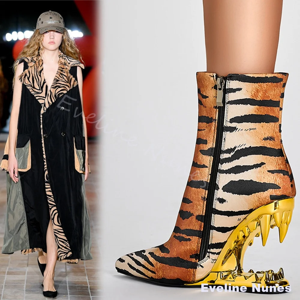 

Pointed Toe Tiger-print Fangs Heels Boots Women Slimming Strange Style Color Blocked Plus-size Fleece Ankle Boots Side Zipper