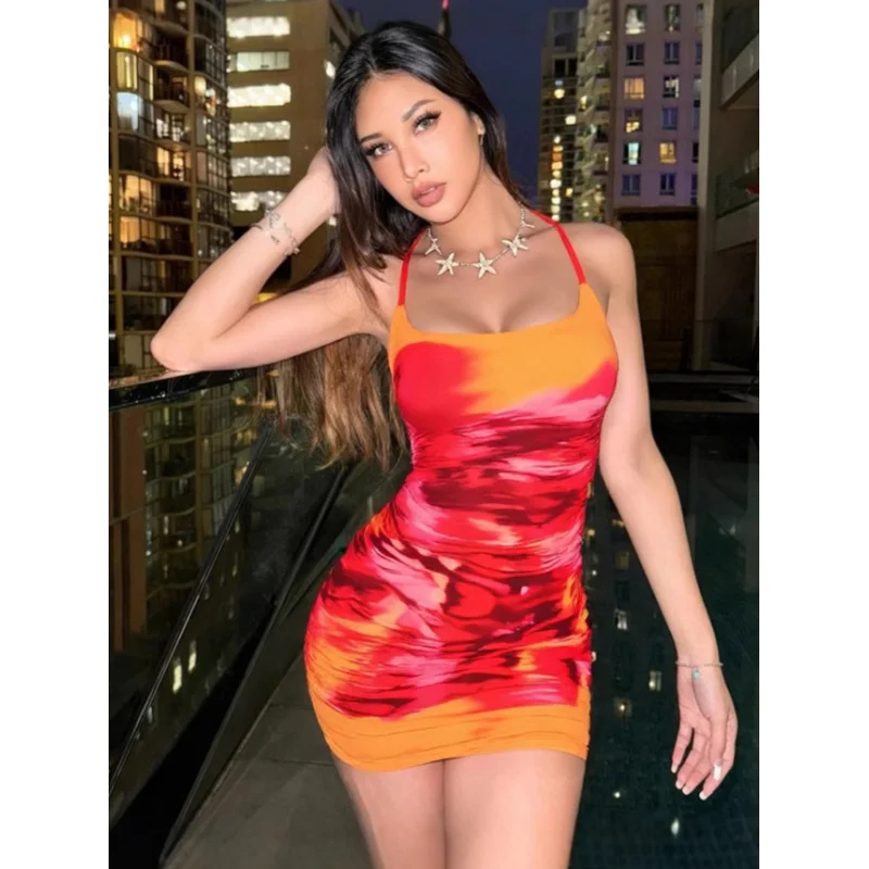 

Tie-Dye Halter Neck Slip Dress, Slim-Fit Ruched Bodycon Dress, Summer And Elegant Vacation Dress