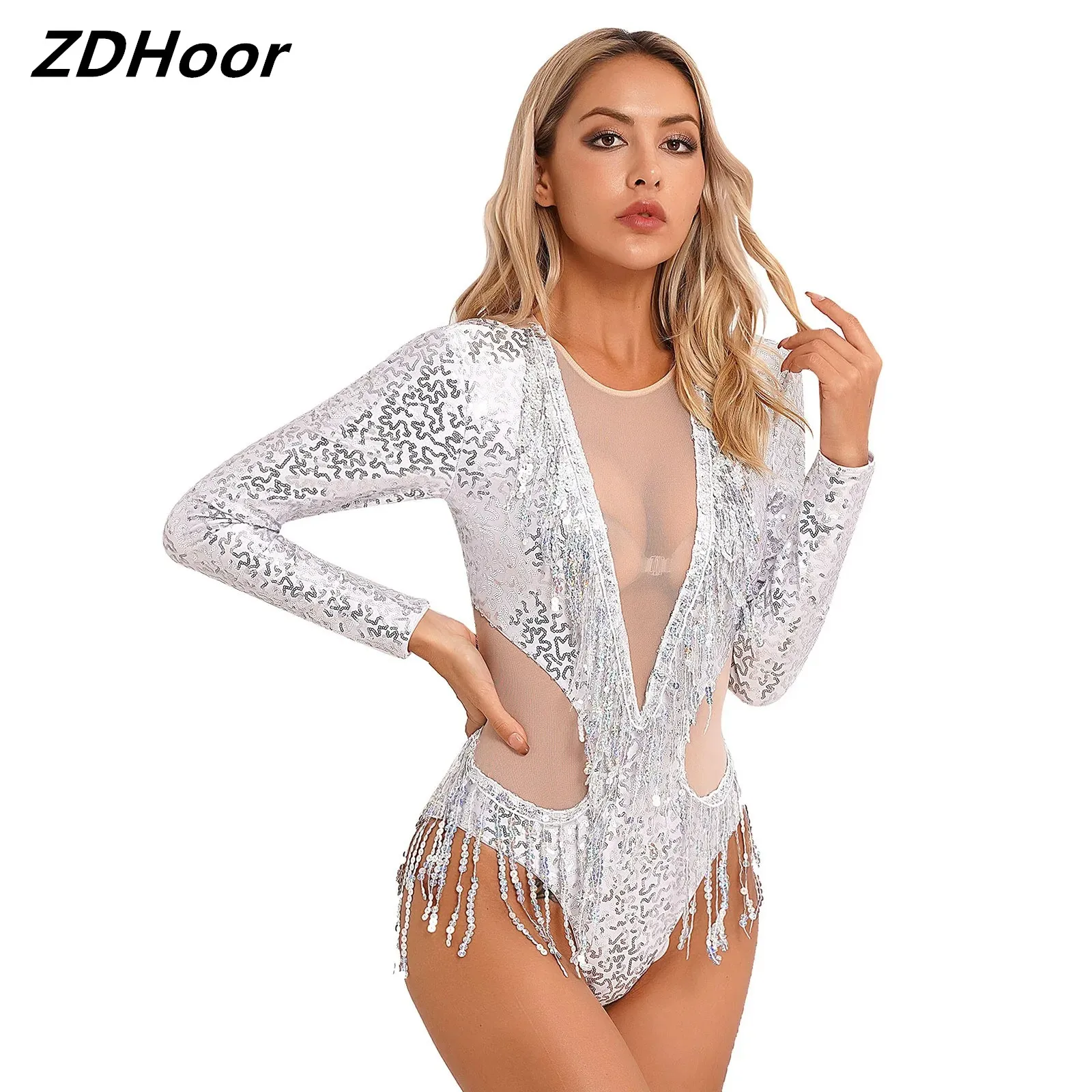 

Women Allover Sequin Party Bodysuit Long Sleeve Nude Mesh Patchwork Sequin Fringe Leotard Halloween Club Costumes