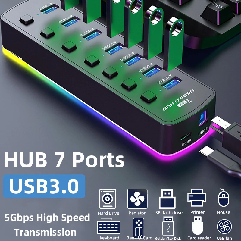 

USB 3.0 Hub 7 Ports Data Port Adapter USB 4 Ports 5Gbps High Speed Individual On/Off Switch Splitter USB Extension for Laptop PC