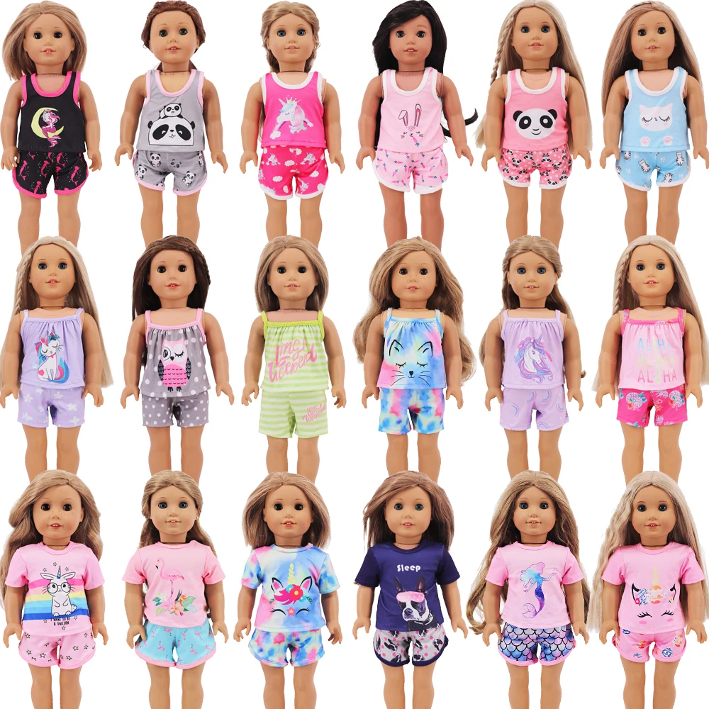 Verão manga curta boneca roupas para meninas, nossa geração acessórios, chapéu e camiseta brinquedo, bebê americano e renascido, 18in, 43 cm