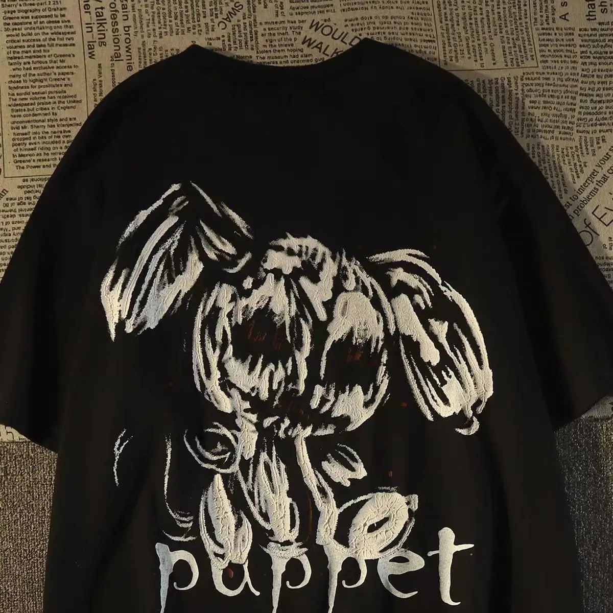 

Pure cotton American retro dark black rabbit short-sleeved T-shirt for men and women, summer high street loose couple y2k tops