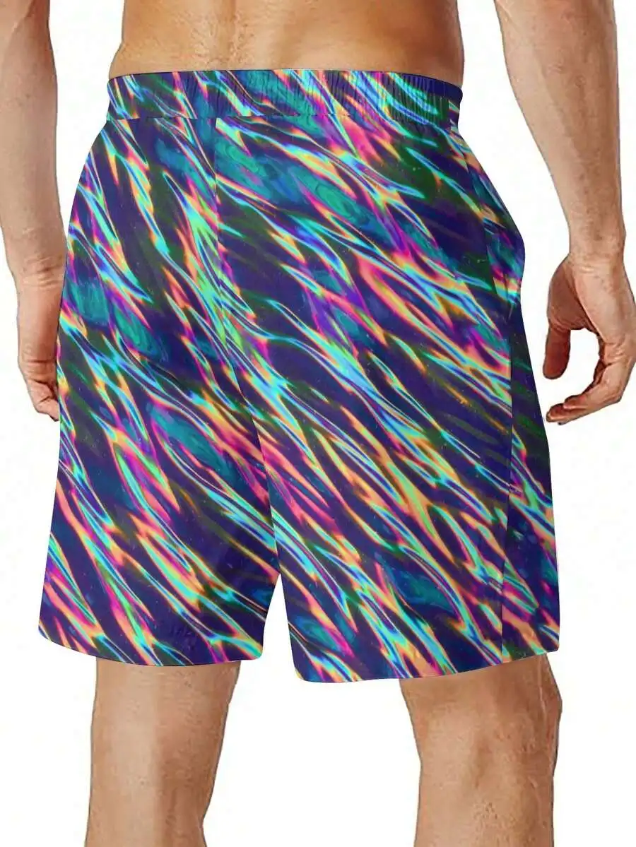 

Mens Loose Iridescent Wave Print Beach Shorts, Lightweight Woven Fabric, Vibrant Summer Party Wear