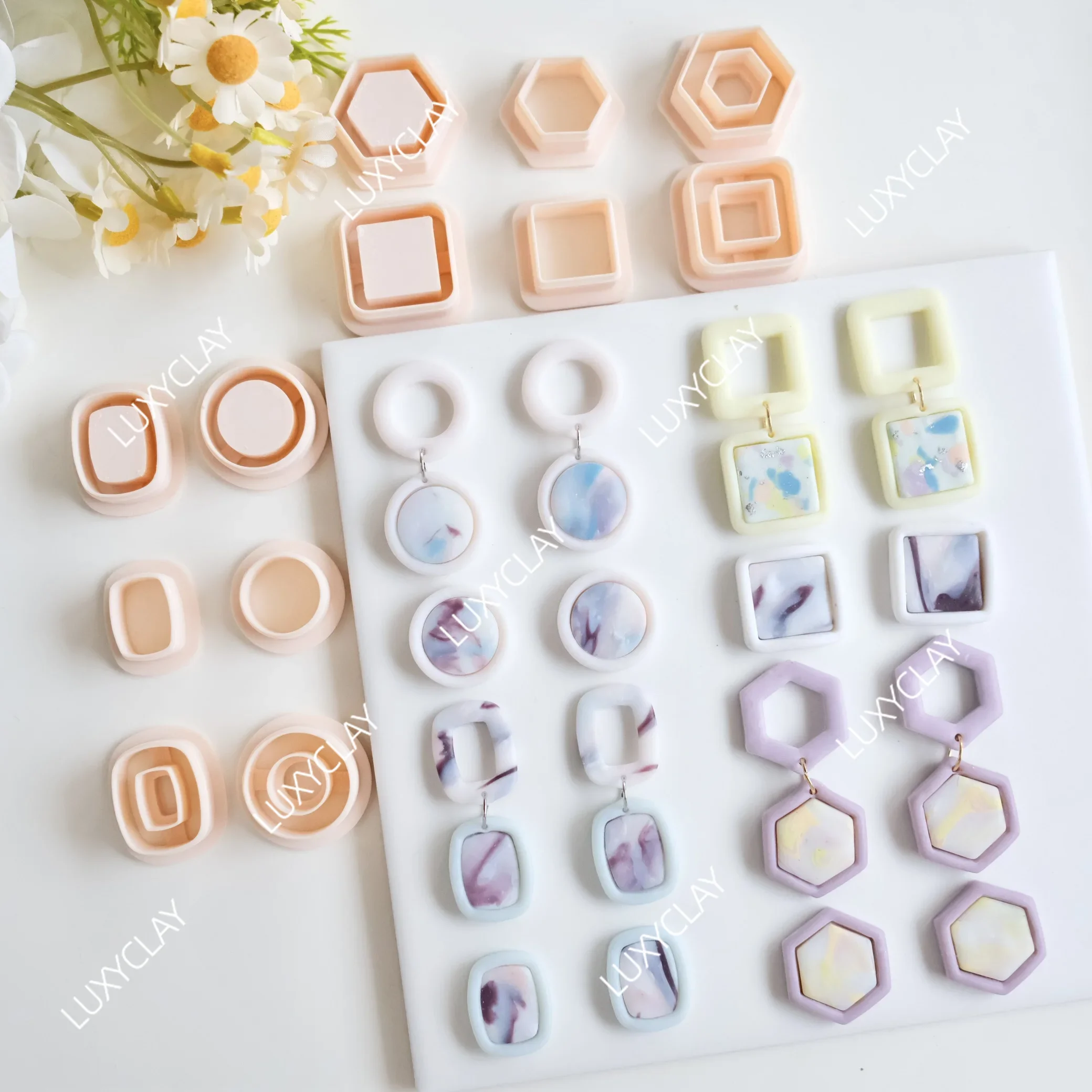 3pcs Geometric Shape Clay Molds, Embossed Rectangle Circle Hexagon Square Shaped Polymer Clay Cutters for Earring Jewelry Making