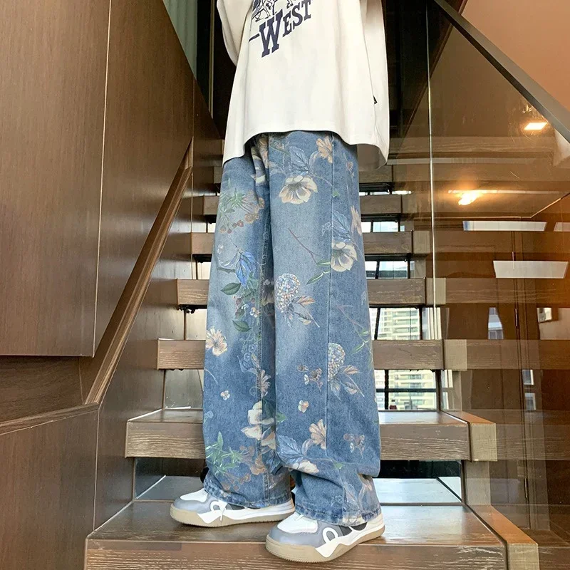 Autumn Floral Printed Jeans For Men 2026 New Y2K Vintage Denim Pants Hip Hop Fashion Wide-leg Baggy Jean Streetwear Trousers