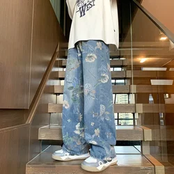 Sonbahar Çiçek Baskılı Kot Erkekler Için 2024 Yeni Y2K Vintage Kot Pantolon Hip Hop Moda Geniş bacak Baggy Jean streetwear Pantolon