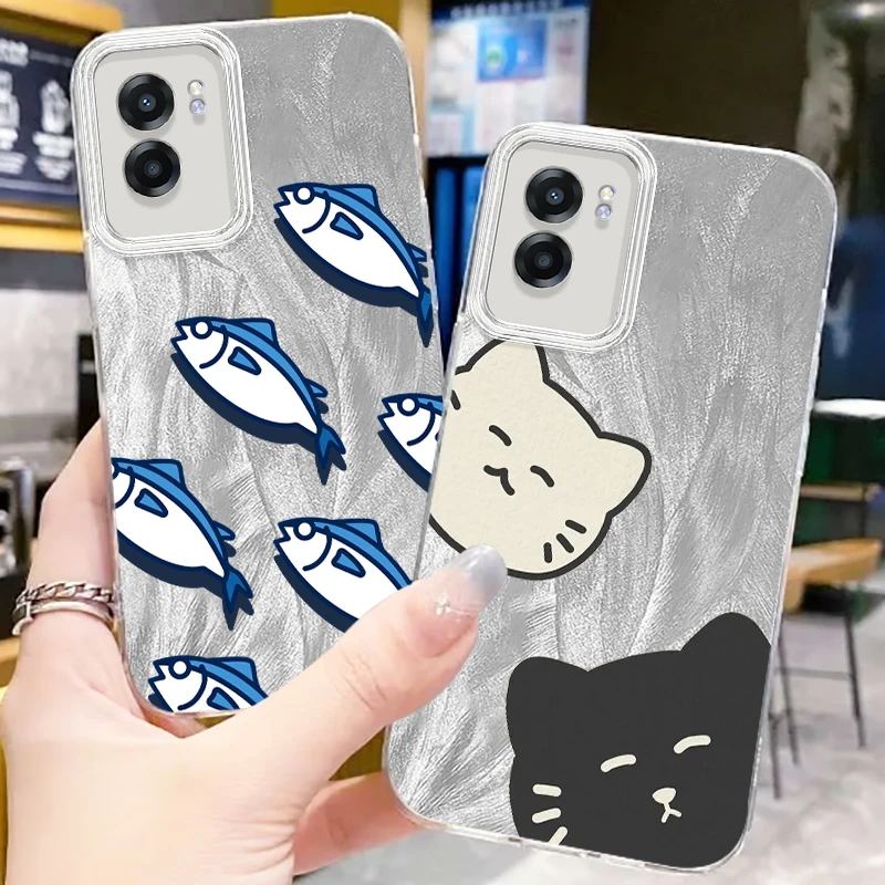 Cat And Fish Cartoon For OPPO A79 A78 A58 A38 A16 A60 A53 A92 A72 A52 A74 A55 A54 A94 5G Feather Yarn Cover Phone Case