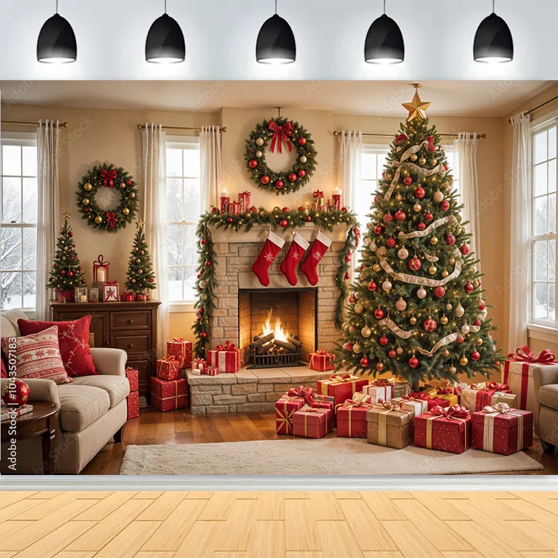 Christmas Day New Year Photography Backdrops Fireplace Xmas Trees Gifts Snow Winter Holiday Party Deco Photo Background XU-03