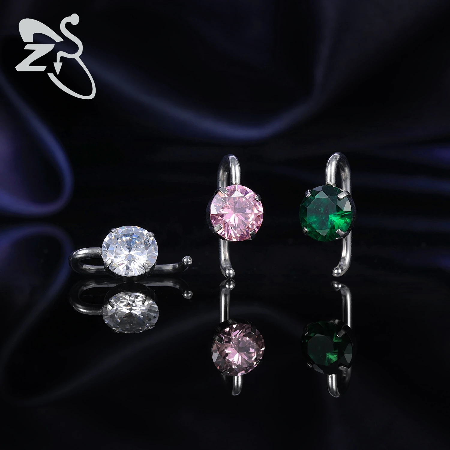 ZS 1 Piece Pink Green Color Round CZ Crystal Belly Button Ring 14G Stainless Steel Navel Piercing Hook Ombligo Piercings Jewelry