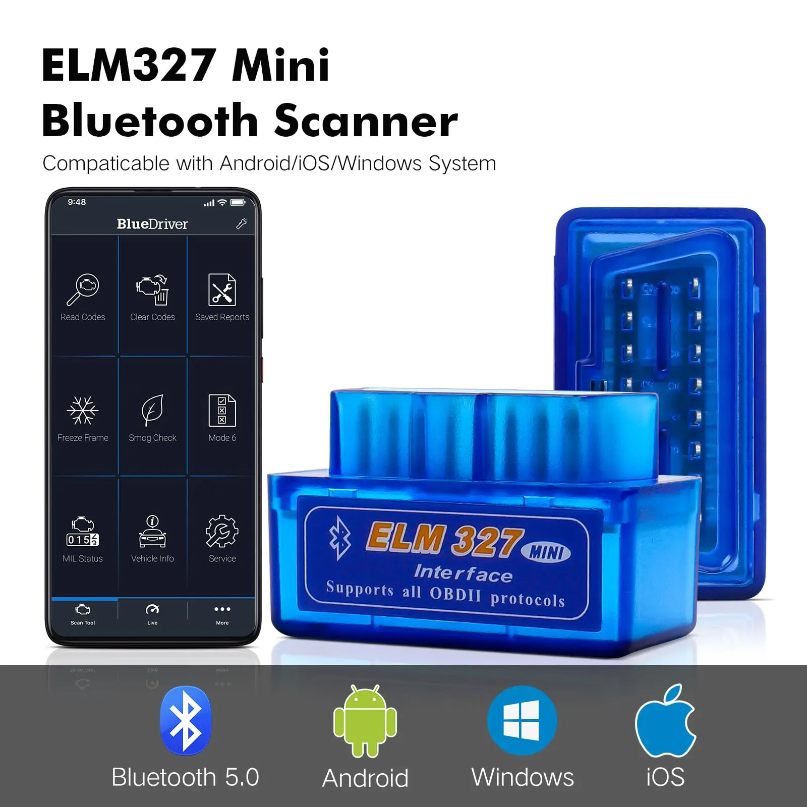 Mini ELM327 OBDII Car Diagnostic Scan, Car Professional Bluetooth Scan Tool, Supports Torque Pro App, Code Reader for Android
