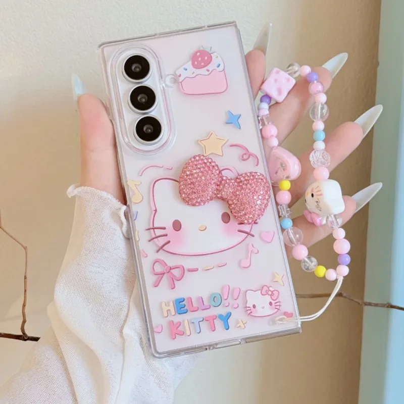 Cute 3D kitten Phone Case with Lanyard Kawaii Cartoon Clear Shockproof Cover for Samsung Galaxy Z Fold 8 8 Ultra 7 6 5 4 3