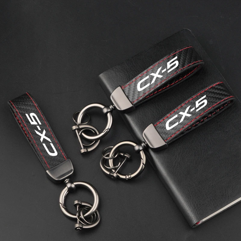 Leather Carbon Fiber Car Ring Keychain Trinket Zinc Alloy Keyrings Rotate 360 Degrees For Mazda CX5 CX-5 Auto Accessories