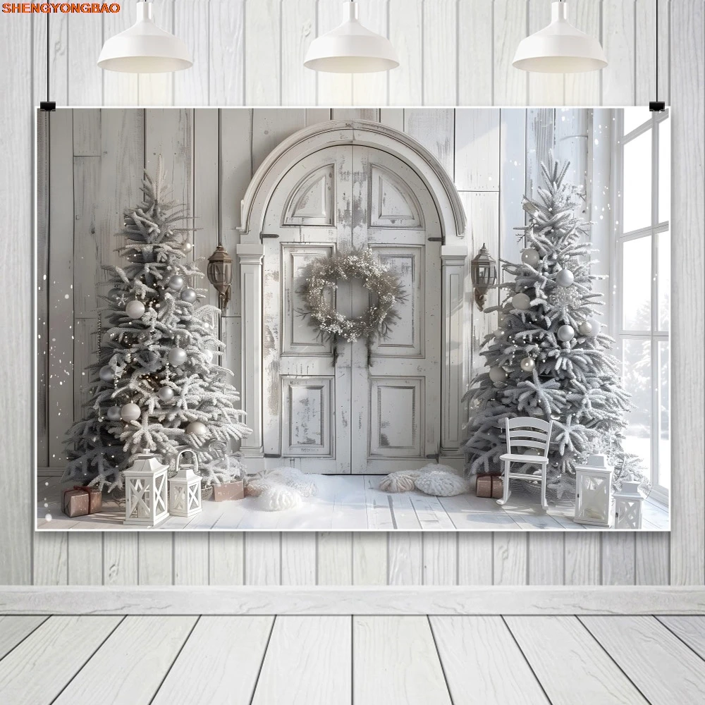Weihnachten Fotografie Hintergrund Weihnachtsbaum weiß Vintage Wand Holz Tür Innen Baby Portrait Familie Party Foto Hintergrund Dekor