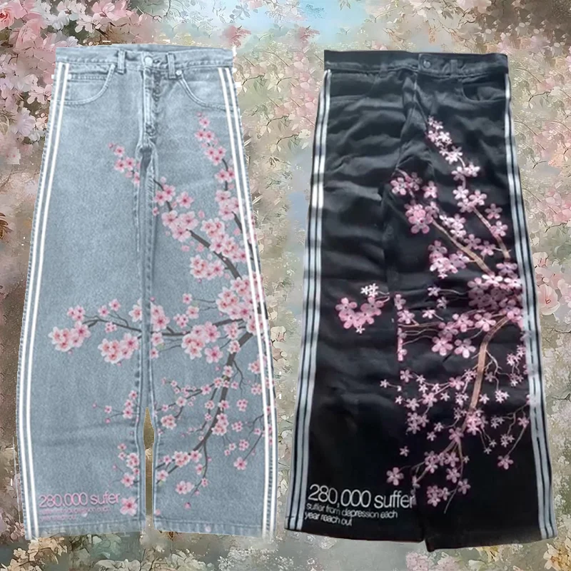 

Y2K мешковатые джинсы в винтажном стиле в полоску с вышивкой сливы, спортивные штаны в стиле Харадзюку, новая уличная одежда в стиле хип-хоп, широкие джинсовые брюки