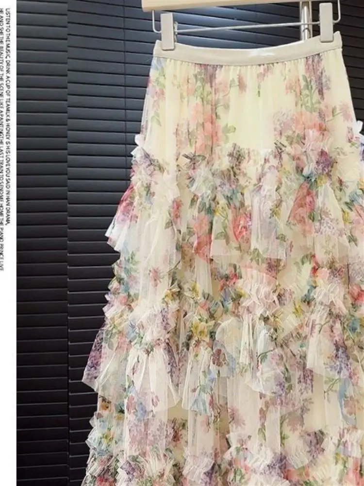 

Long Cake Skirt Sle Korean Splice Net Fairy Skirt Floral Print Lace f Body Skirt Fre Sle High Waist Midi Skirt