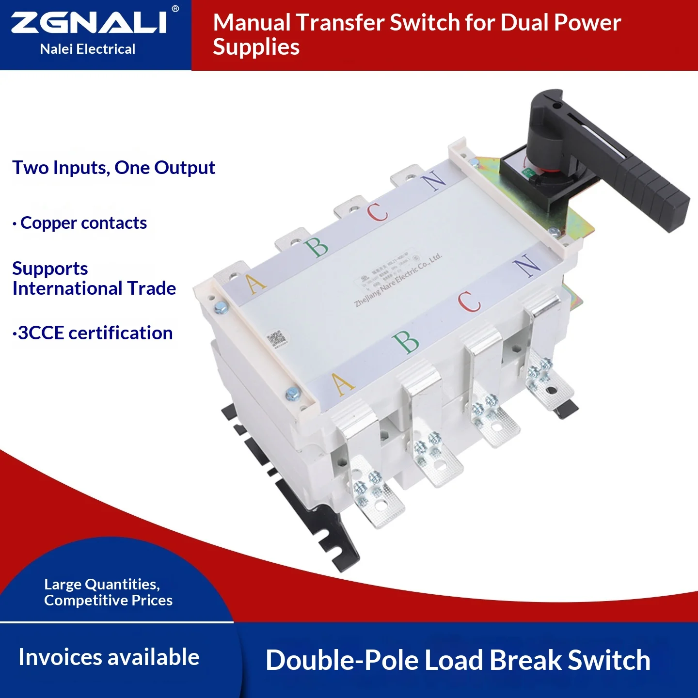 Manual Dual Power MTS Transfer Switch, Double Throw Load Disconnect Switch 3 Pole 4 Pole 300A 400A 400V
