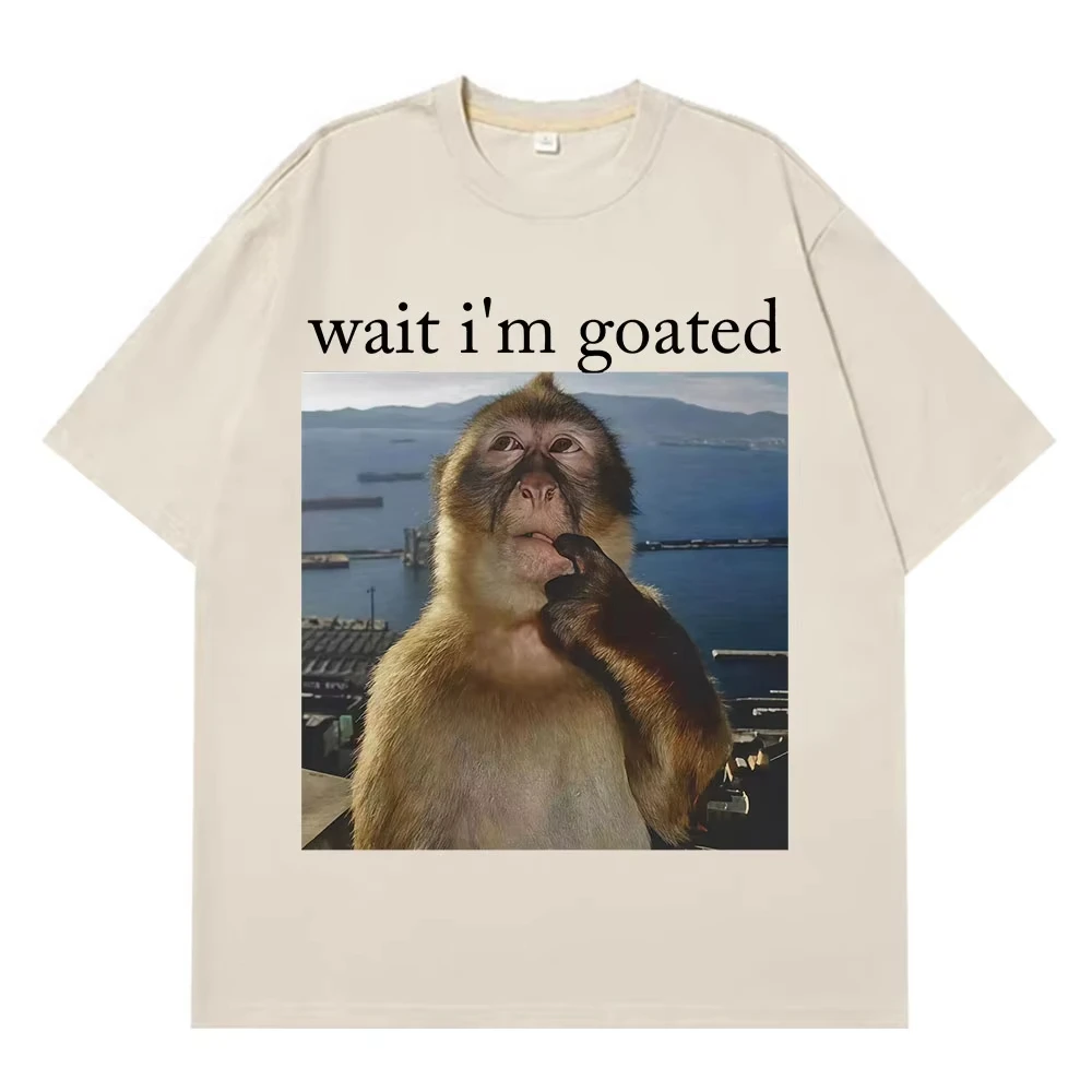 انتظر أنا الماعز مضحك التفكير القرد ميمي تي شيرت الصيف القطن الرجال النساء Harajuk تي شيرت قصيرة الأكمام المتضخم رجل تي شيرت