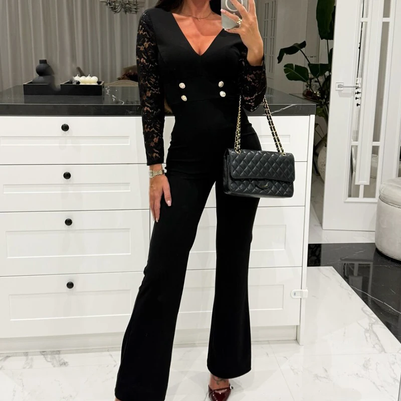 Fashion Long Sleeved Slim Romper Ladies V Neck Lace Patchwork Club Party Jumpsuit Autumn Elegant Solid Color Commuting Playsuit