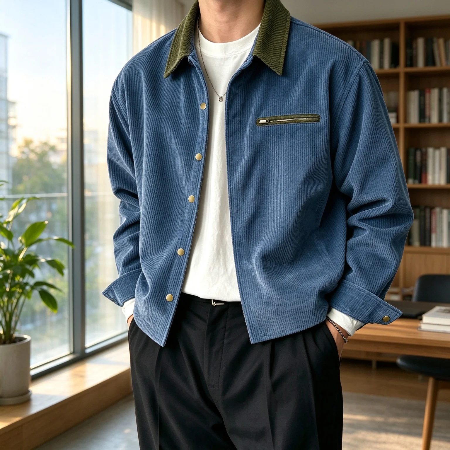 Men Corduroy Jacket Contrast Collar Casual Button Down Coat Zipper Pocket Long Sleeve Loose Fit Outerwear For Autumn Winter