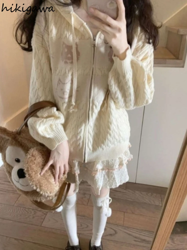 Knitwear Cardigan Tops Women Clothing Sueter Mujer Cute Cat Japanese Pull Femme Hooded Casual Knitted Oversized Sweater Coat