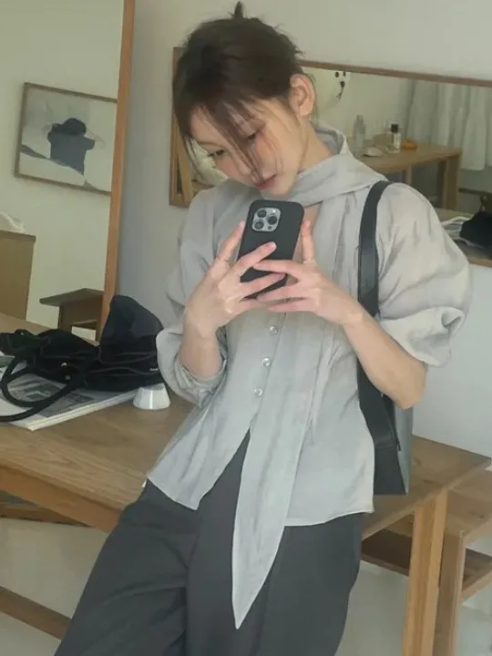 E Csa de Manga Larga para Mujer, Blusa Moderna con Cinturón, Estilo Casual de Negocios, Alta Calidad, Primavera, Ot...