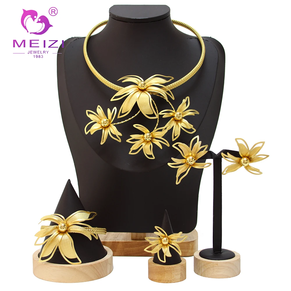 

MEIZI Jewelry Hot Selling Luxury Dubai Gold Plate Jewelry 18k Original Set For Women Earring 2023 Latest Big Eardrop Wedding Ban