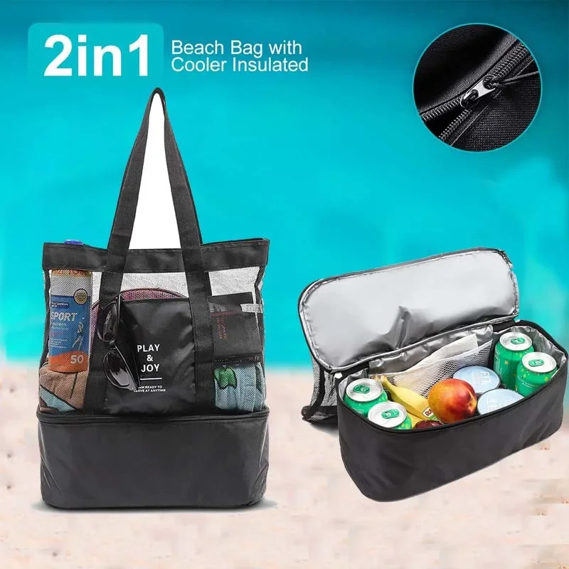 

Picnic Bag Mesh Refrigerator Compartment with Zipper Closed Oversize Outdoor Shoulder Beach Tote Bags Travel Shoulder Tote Bag