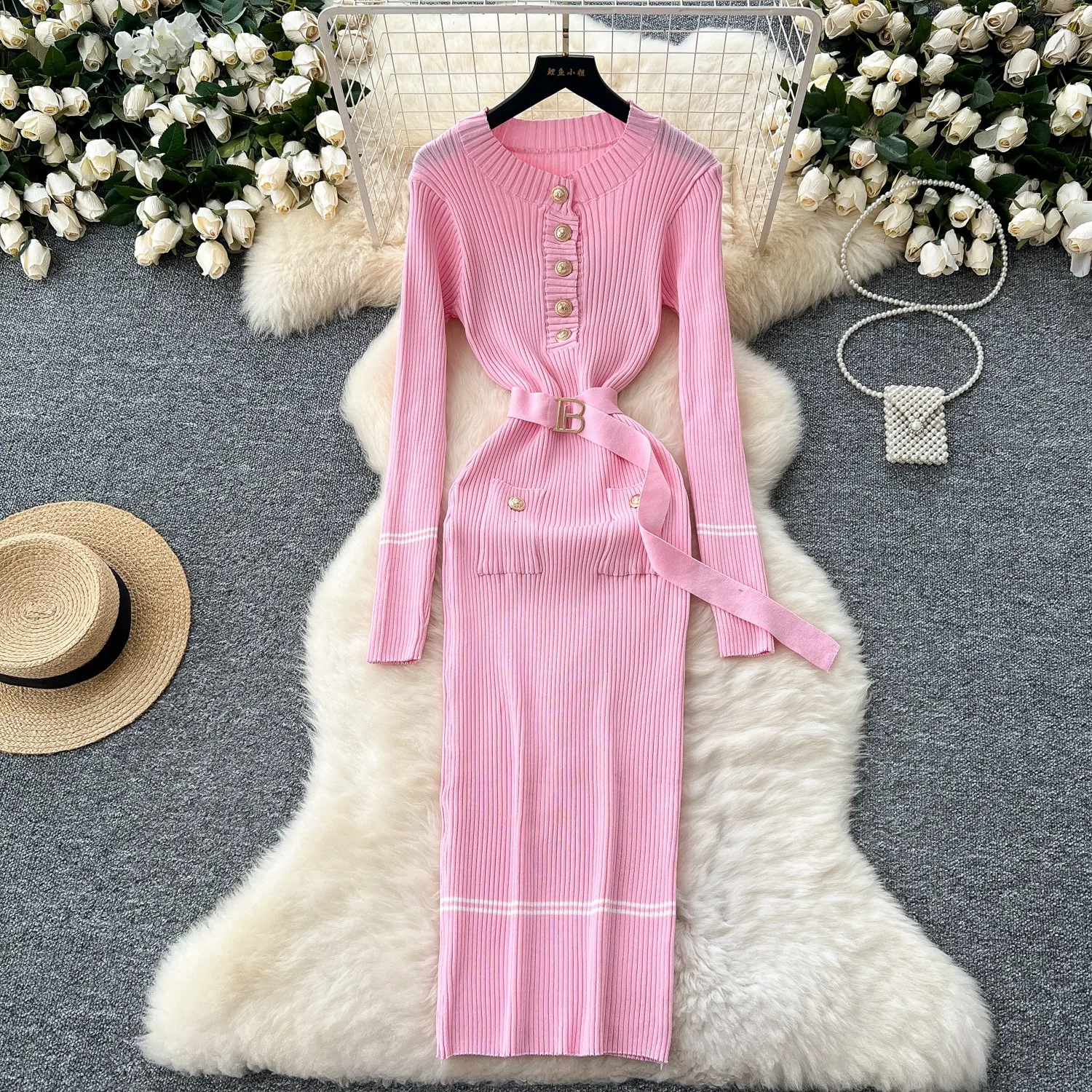 Yuoomuoo vestido feminino 2025 outono inverno elegante o-pescoço botões de malha vestido longo senhora do escritório preto bodycon vestido de festa