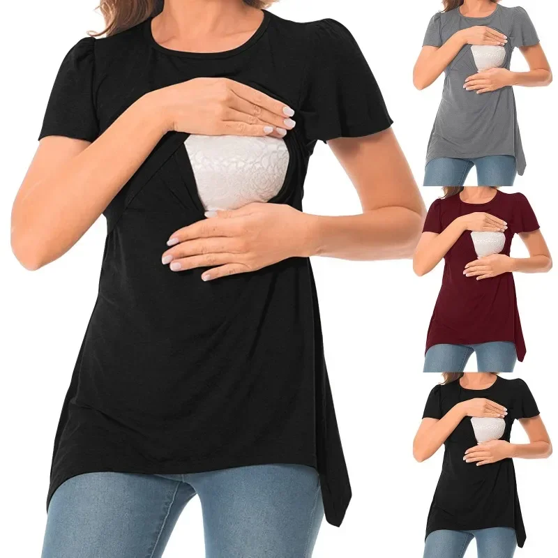 

Maternity Nursing Tops Pregnant Womens Irregular Hem Tee Breastfeeding Shirt Casual Short Sleeve Basic Nursed T Shirt Solid Tops