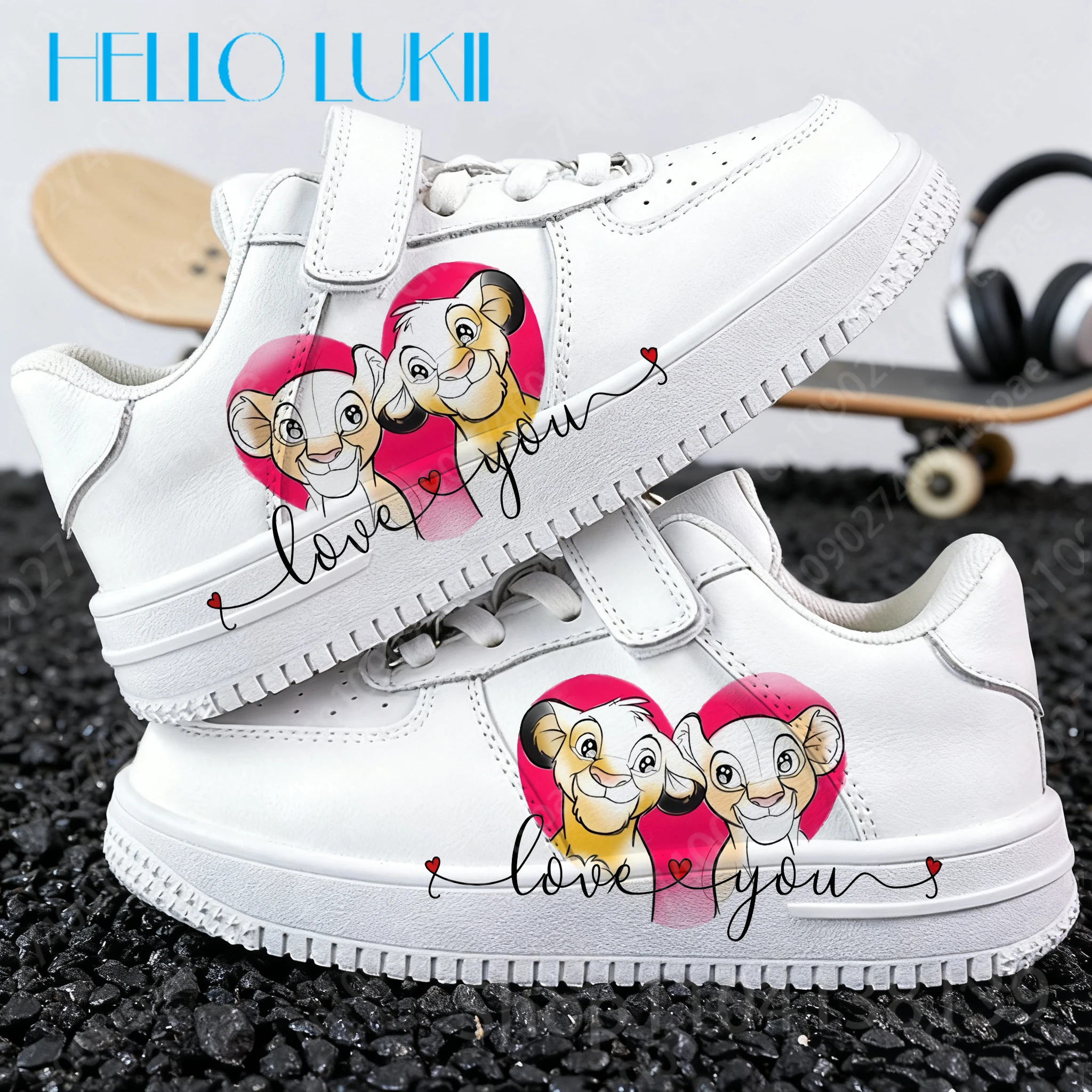 الكرتون نمط الأسد الملك الطباعة الأبيض الوالدين أحذية الأطفال بنين بنات الشباب امرأة الرجال طالب الأطفال بولي Leather الجلود حذاء كاجوال