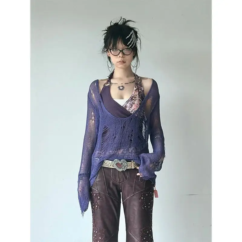 Genayooa Y2k Japanese Two Pieces Tops Knit V Neck Pullovers + Patchwork Tank Tops Streetwears 2000s Japanese T Shirt Women