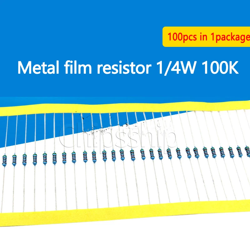 

Металлический пленочный резистор 100K 1 4W 1% пятицветный кольцевой резистор 0,25 W в оплетке упаковка 100