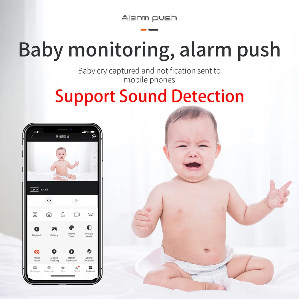 6MP 2.4Ghz 5Ghz BLE WiFi Tuya ONVIF Human Body Filtering Sound Detection Motion Track Wireless Baby Monitor Alexa Google Camera