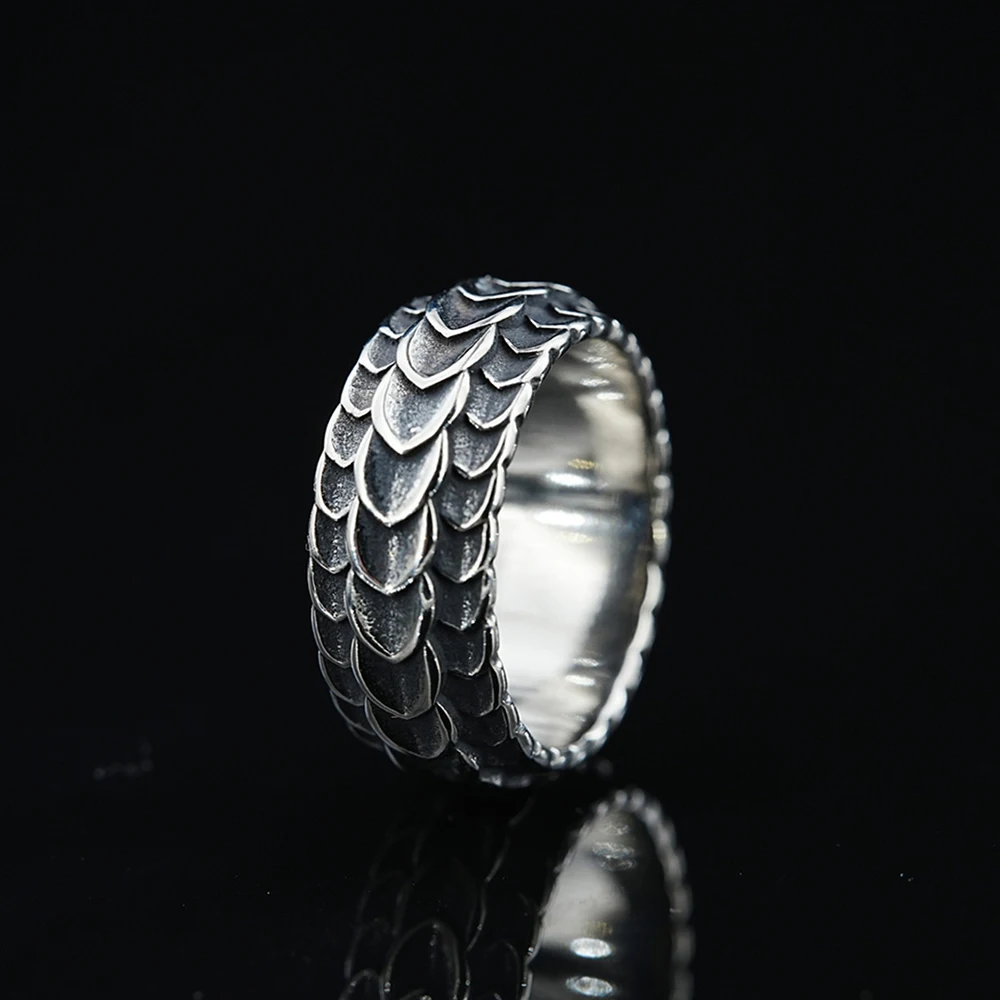 Rock Punk Viking Dragon Carved Surface Rings for Men Women Jewelry Ancient Silver Color Stainless Steel Male Vintage Finger Ring