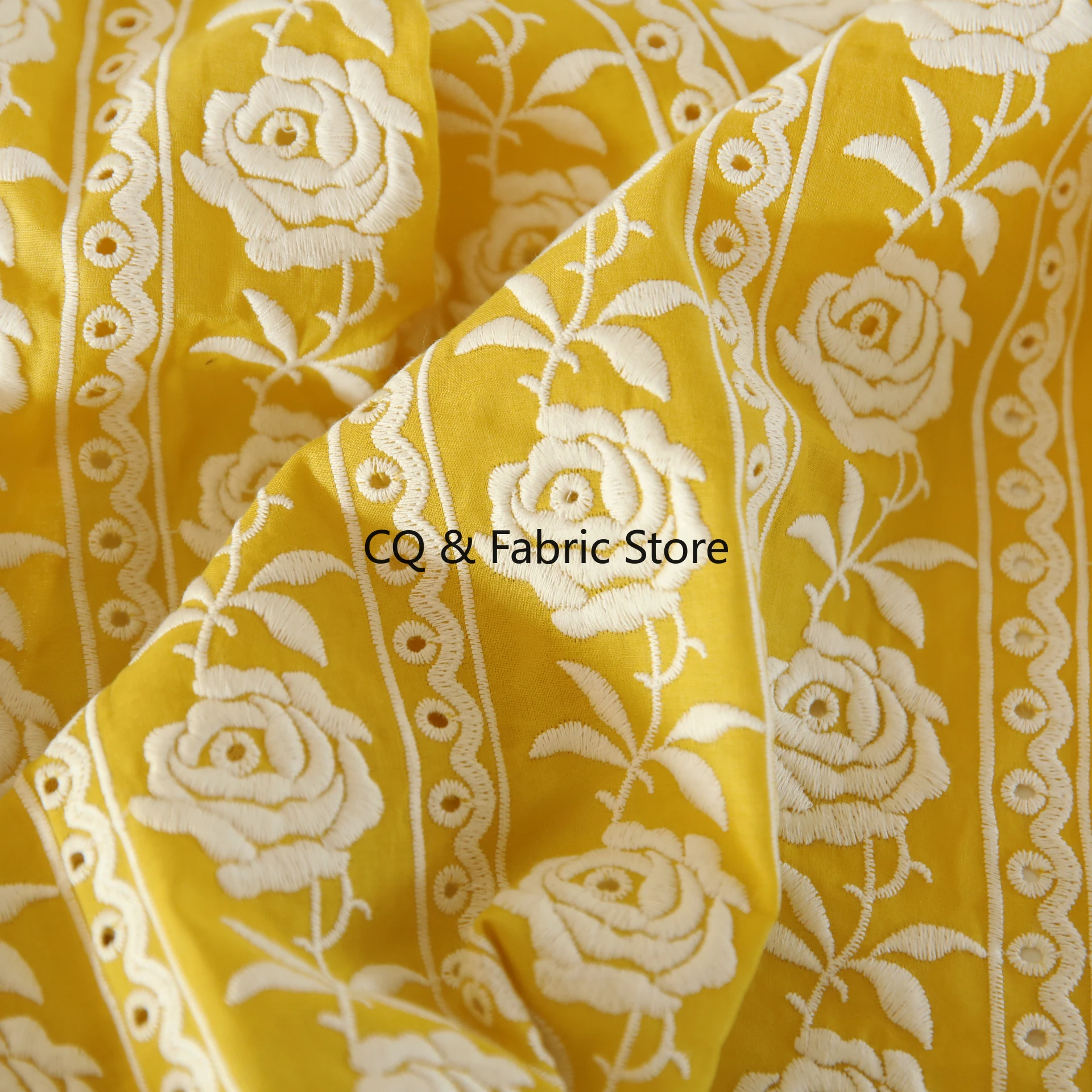 

Свадебное платье Дизайнерская ткань для одежды Французский хлопок Желтая роза Тяжелая вышивка Одежда ручной работы Ткань для