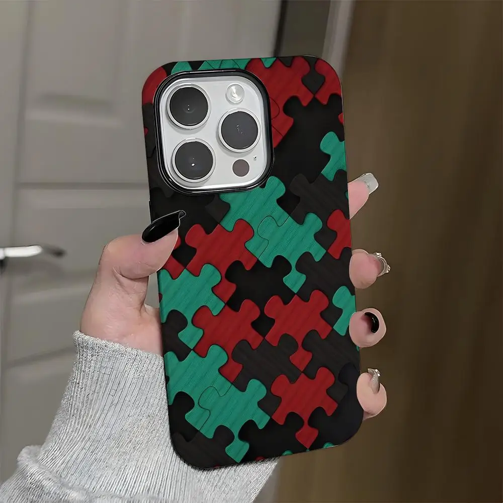 자폐증 지원 퍼즐 패턴 아이폰 17 에어 16 15 14 플러스 13 12 미니 11 프로 맥스 글로시 2 in 1 범퍼 케이스
