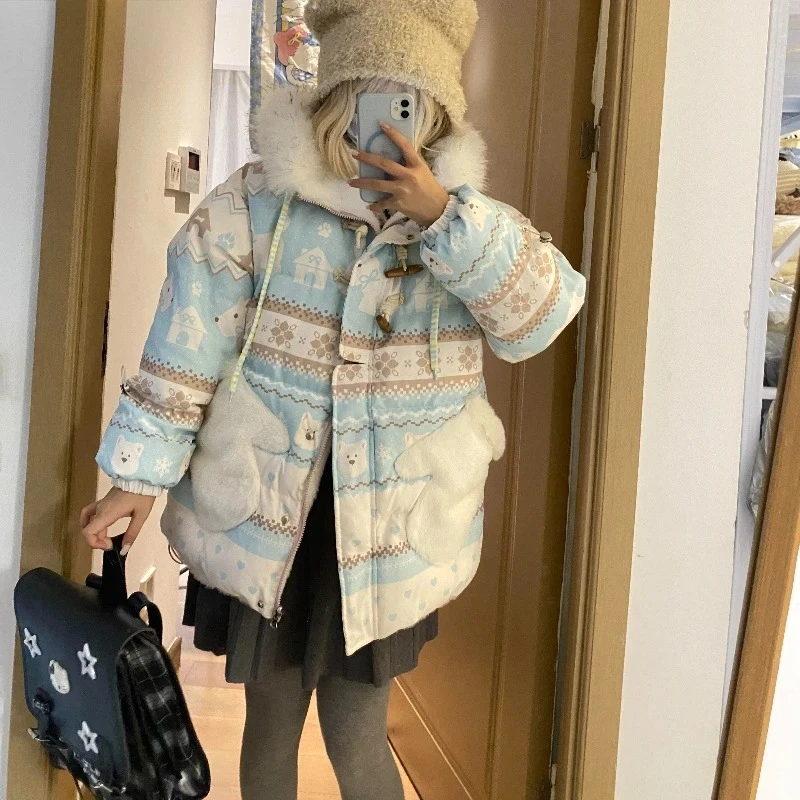 الحلو لوليتا أعلى لطيف الكرتون طباعة الفراء طوق آذان الدب مقنعين سترة فضفاضة تنوعا معطف الحراري الخريف الشتاء النساء #5
