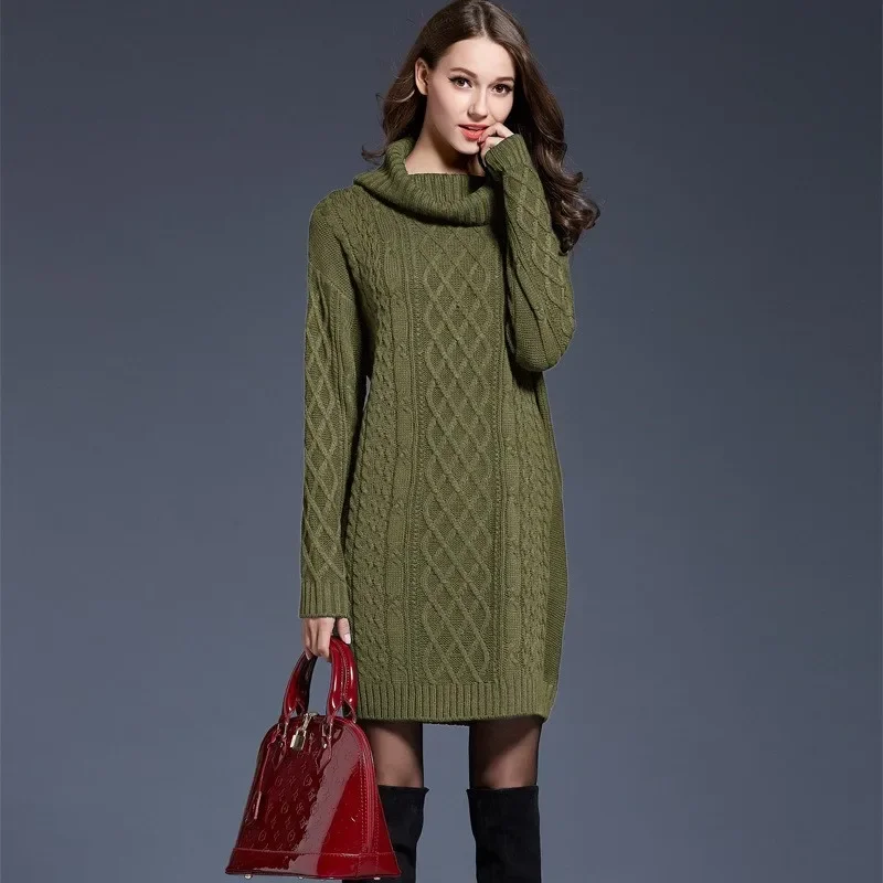 

Autumn and Winter New Ladies Knitted Comfortable Casual Pile Collar Warm and Elegant Knitted Pullover Sweater Long Sleeved Dress